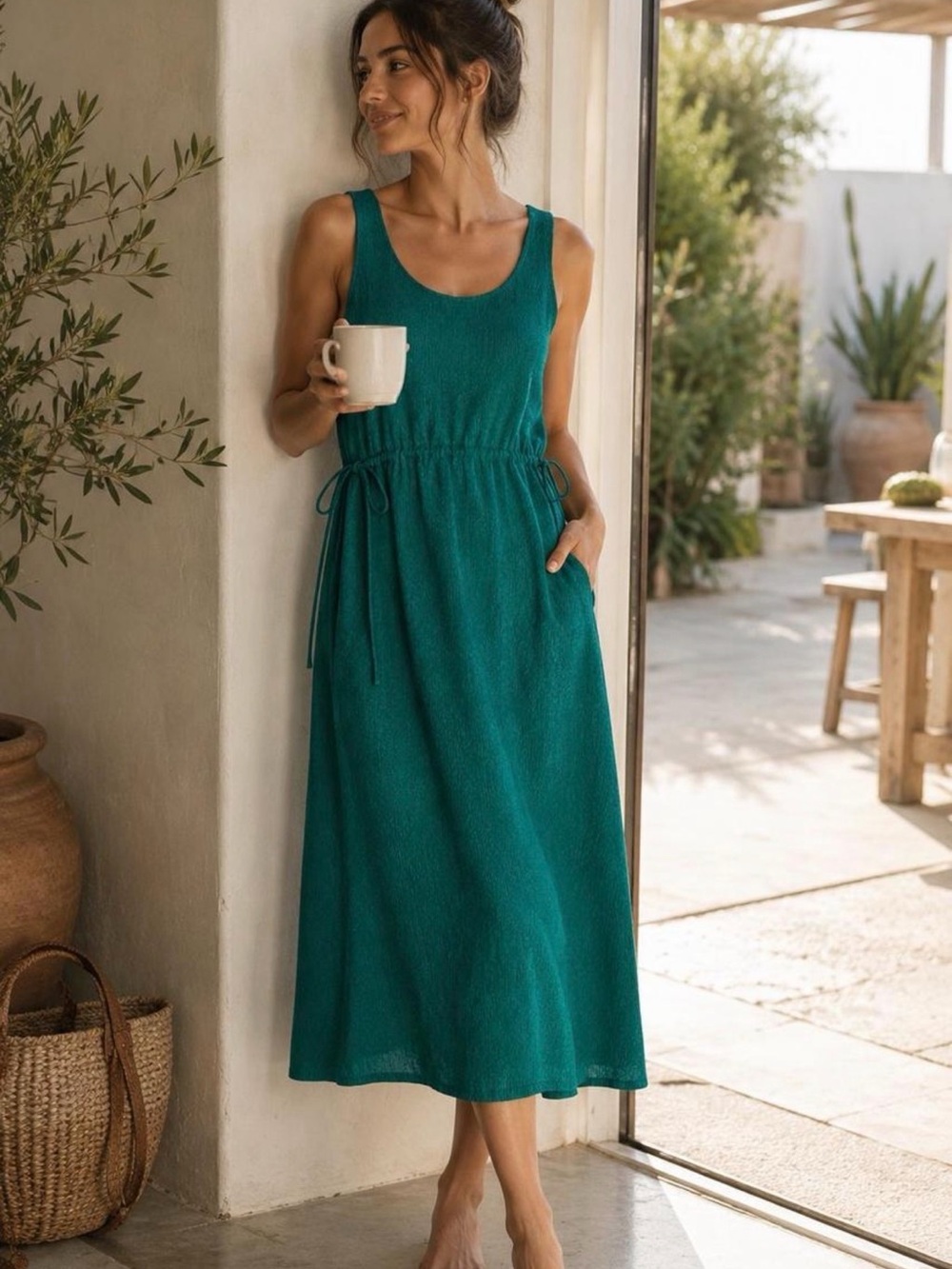 Athleta Echo Dress Sleeveless Midi Dress Emerald Green Textured Ruched Medium